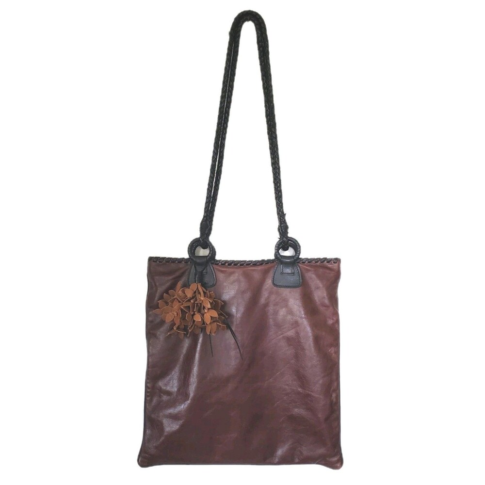 Anthony Luciano Wine Leather Tote Shoulder Bag Charm Penny Woven Trim Straps Lg